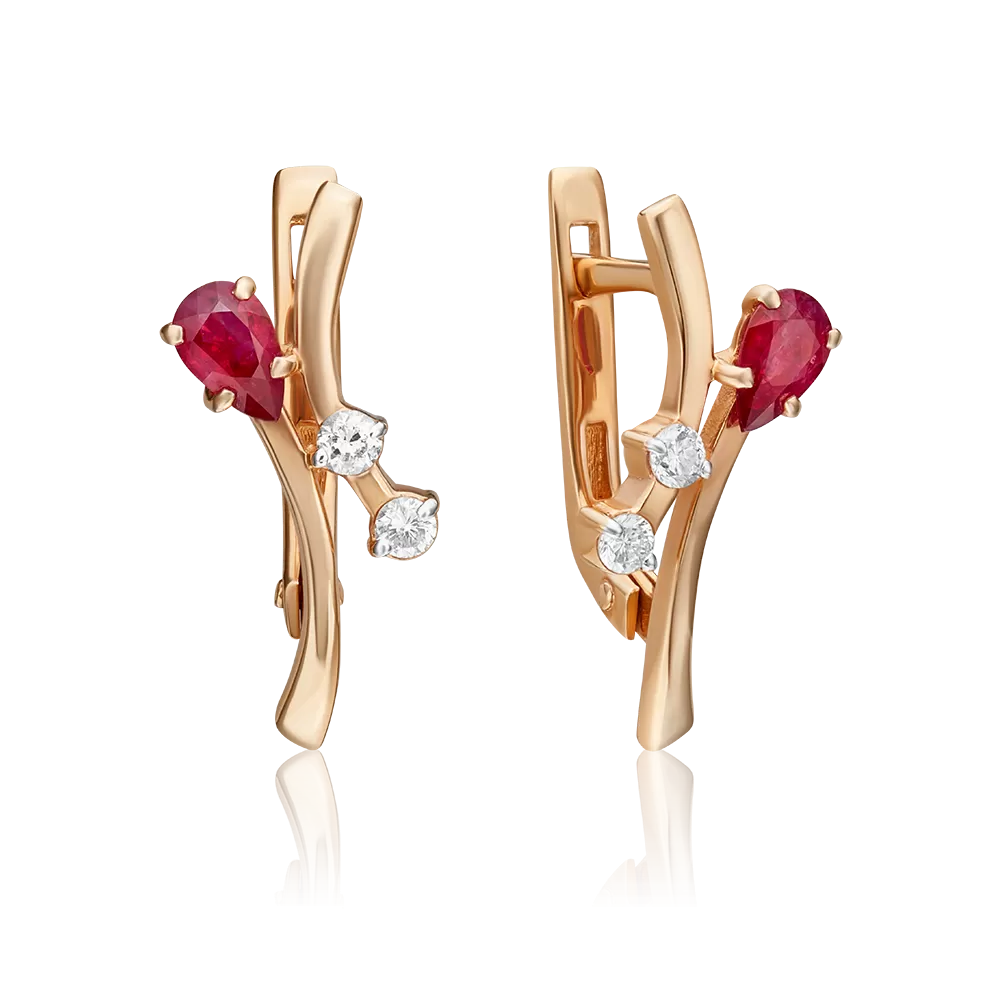 Серьги с английским замком из красного золота с рубином и бриллиантами 02-0415-00-107-1110-30