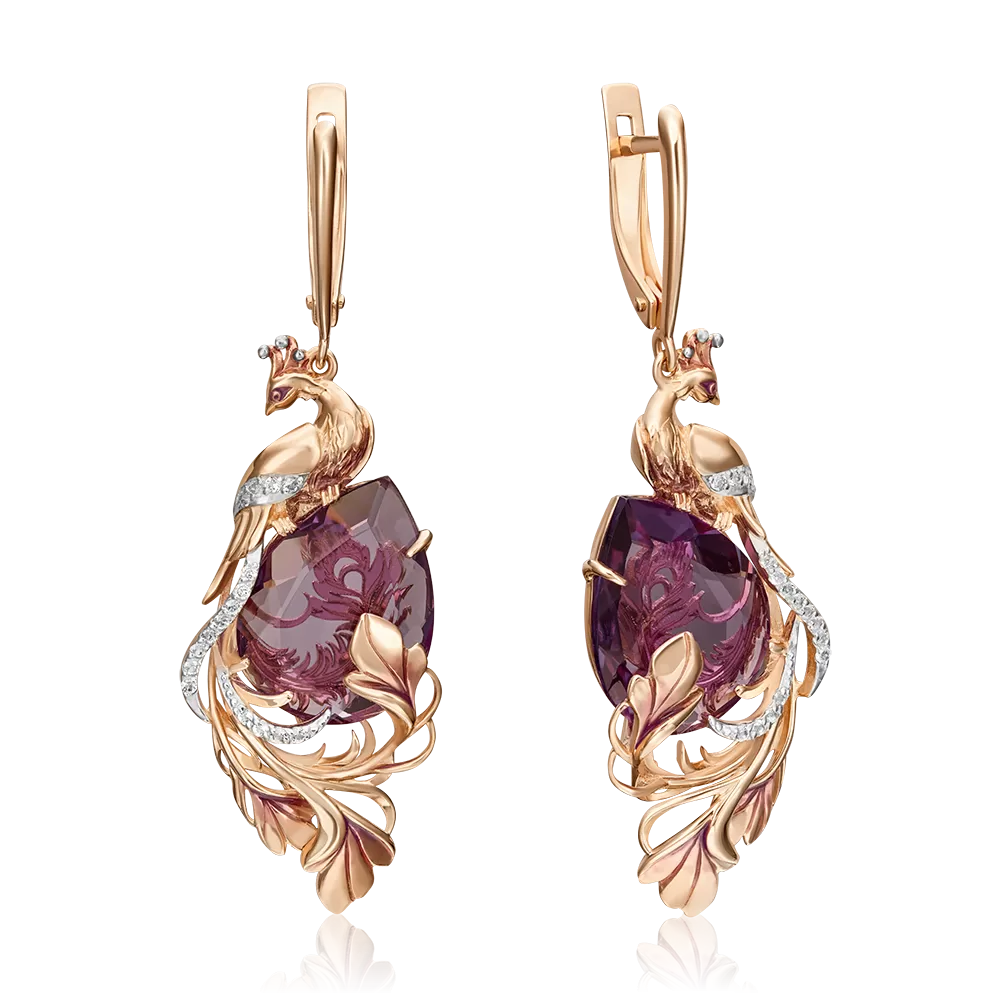 Серьги «Жар-птицы» с английским замком из красного золота с аметистом, натуральными топазами white и эмалью 02-4530-00-225-1110
