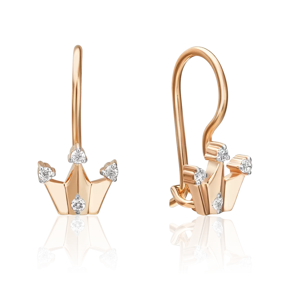 Детские серьги «Короны» с французским замком из красного золота с фианитами 02-3494-00-401-1110-03