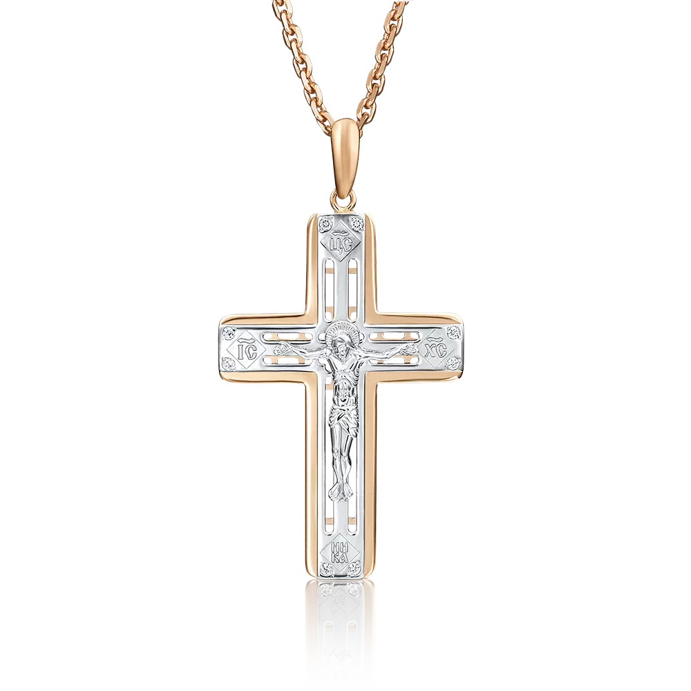 Православный крест из комбинированного золота с фианитами 03-1986-00-401-1111-03