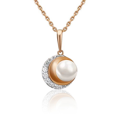 Подвеска «Полумесяц» из красного золота с жемчугом культивированным и фианитами 03-3009-00-307-1110-31