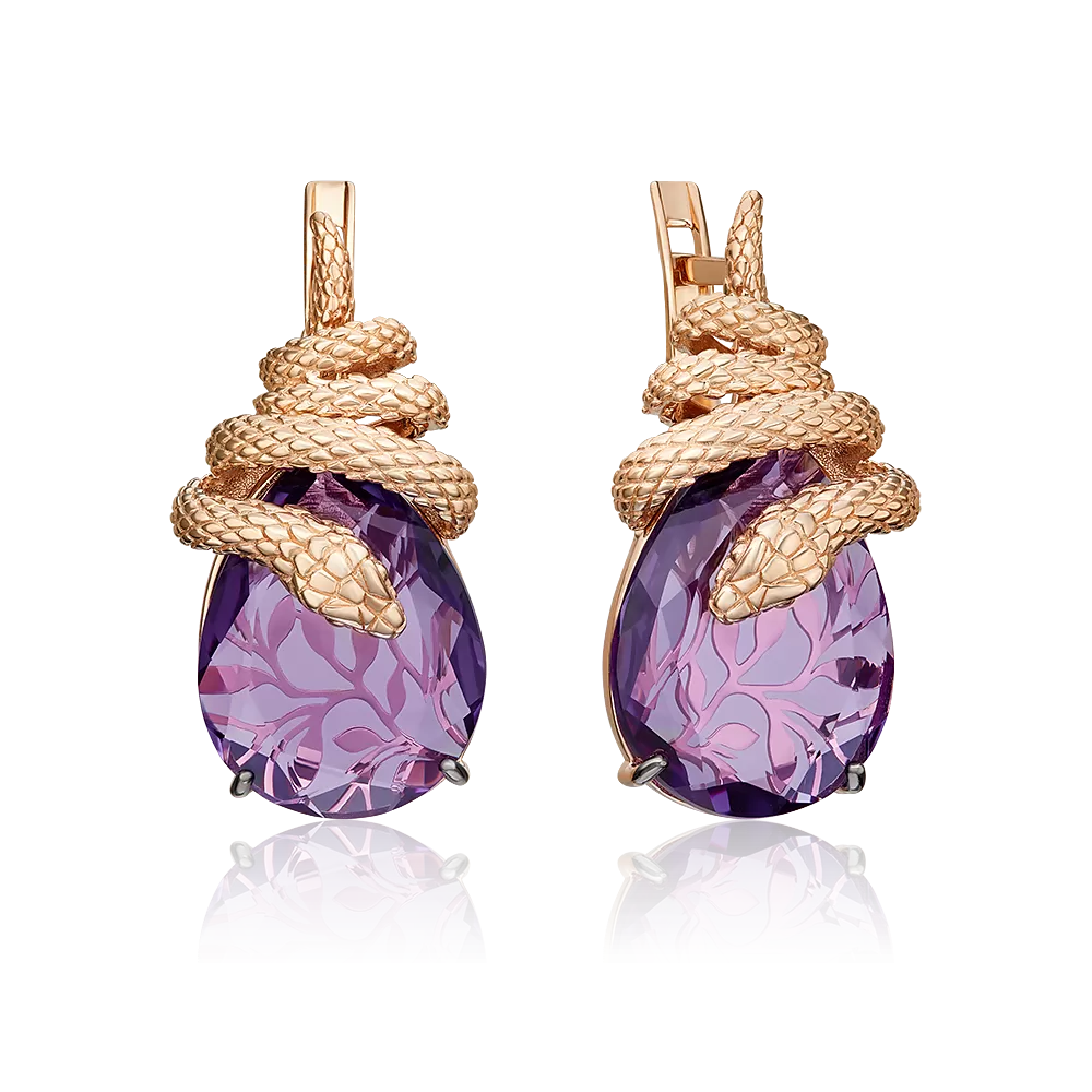 Серьги «Таинственные змеи» с английским замком из красного золота с аметистом 02-5290-00-203-1110
