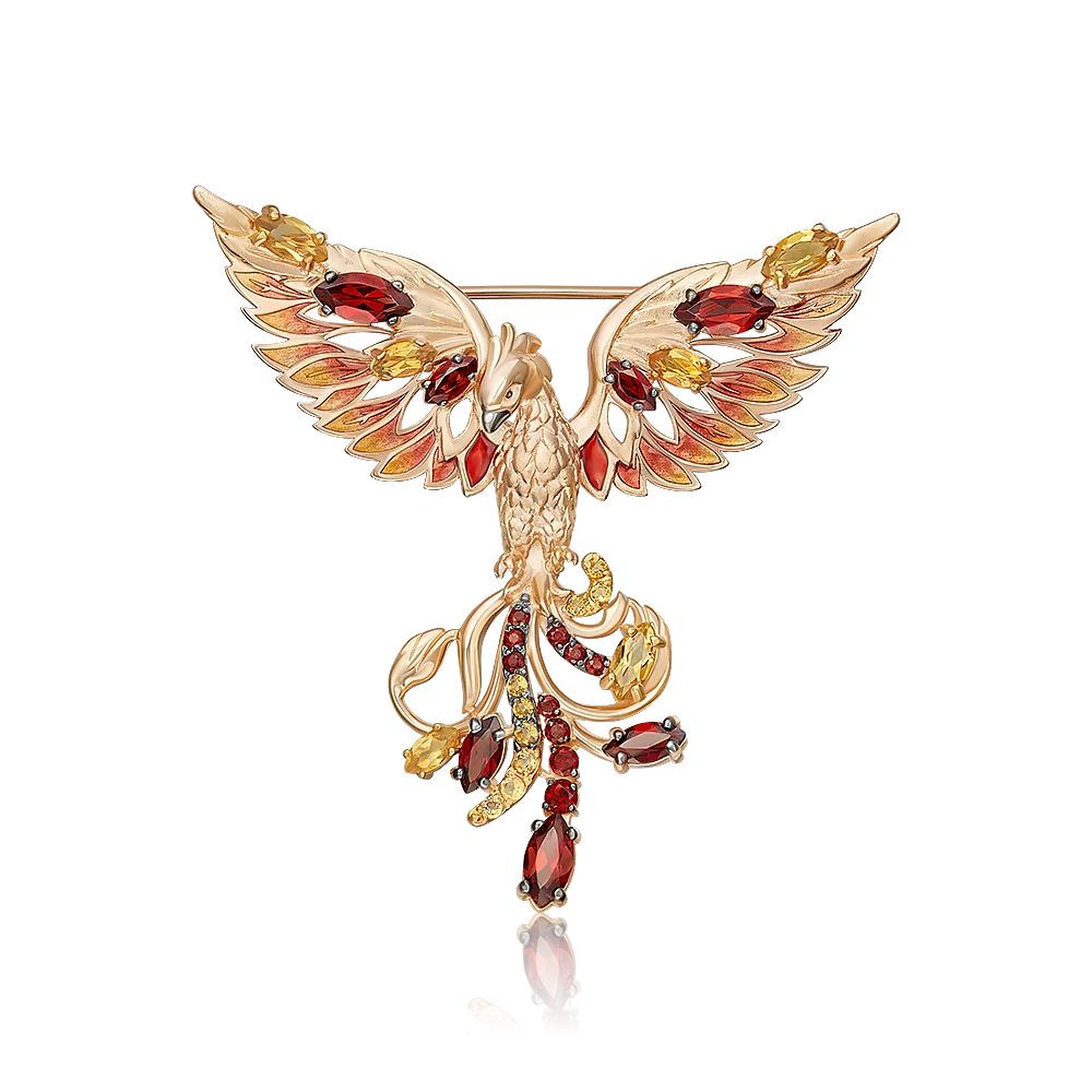 Брошь «Феникс» из красного золота с гранатами, цитринами и эмалью 04-0292-00-722-1110