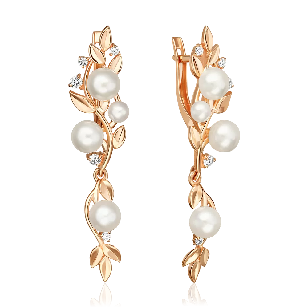 Серьги «Снежные ягоды» с английским замком из красного золота с жемчугом культивированным и фианитами 02-5600-00-302-1110