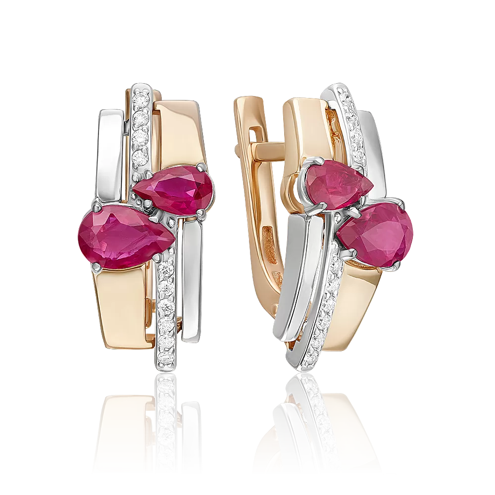 Серьги с английским замком из комбинированного золота с рубинами и бриллиантами 02-5257-00-107-1111