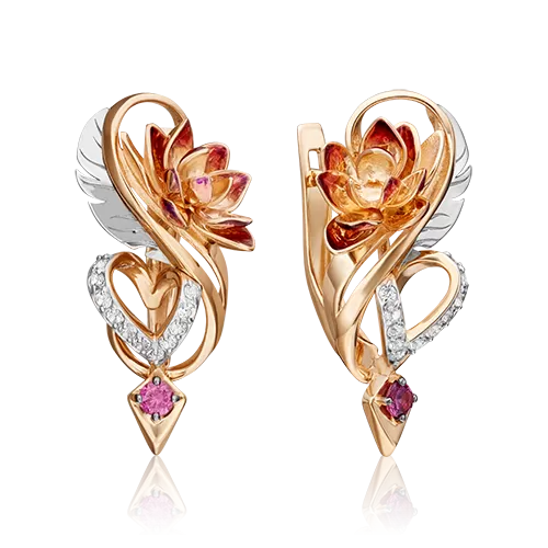 Серьги «Золотой Лотос» (пожелание любви) с английским замком из комбинированного золота с гранатом, натуральными топазами white и эмалью 02-4695-00-264-1111-76