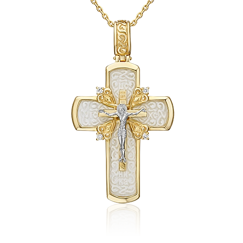 Православный крест из комбинированного золота с бриллиантами и бивнем мамонта 03-0563-00-111-1121-30