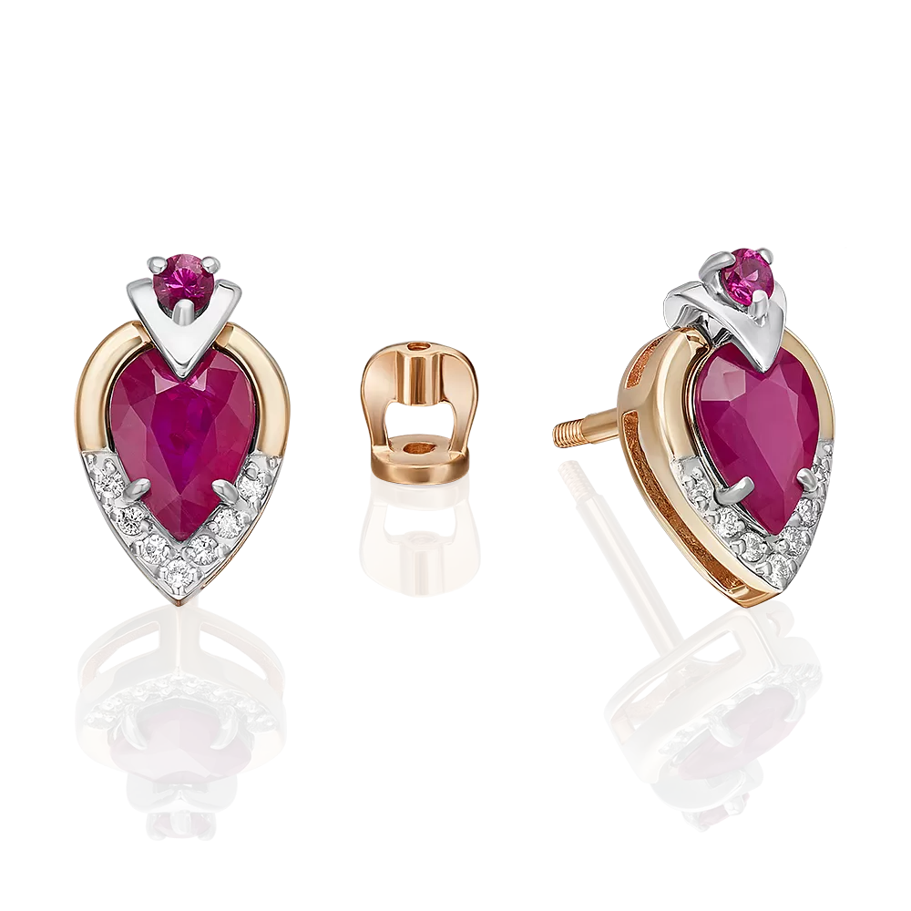 Серьги-пусеты из комбинированного золота с рубинами и бриллиантами 02-5227-00-107-1111