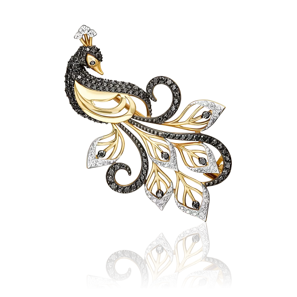 Брошь «Павлин» из лимонного золота с фианитами 04-0120-00-403-1130-52