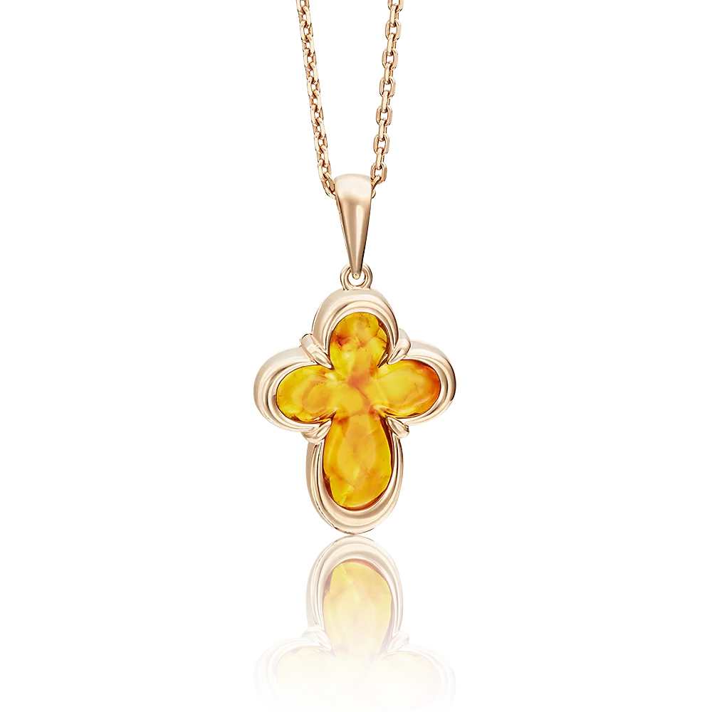 Декоративный крест из красного золота с янтарём 03-2560-00-271-1110-46