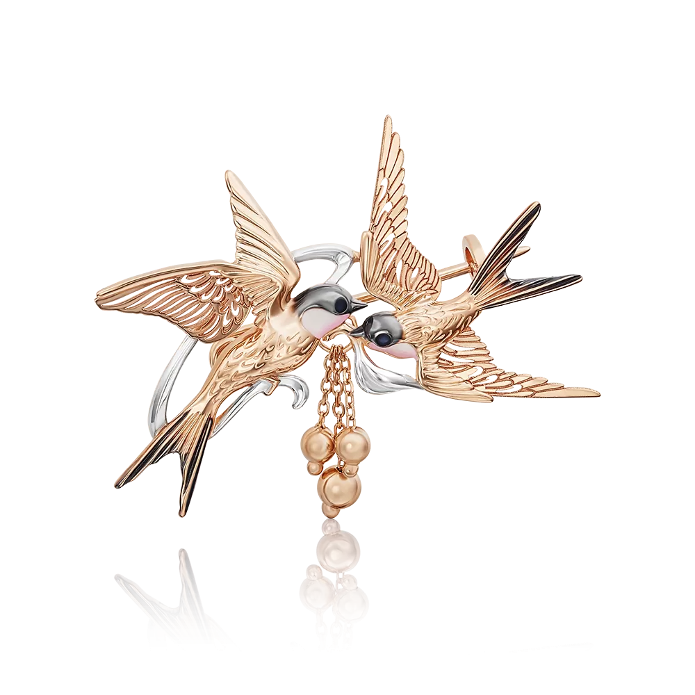 Брошь «Ласточки» из красного золота с эмалью 04-0178-00-000-1110-48