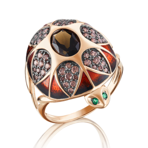 Кольцо «Черепаха» из красного золота c кварцем дымчатым, фианитами и эмалью 01-4840-00-208-1110-46