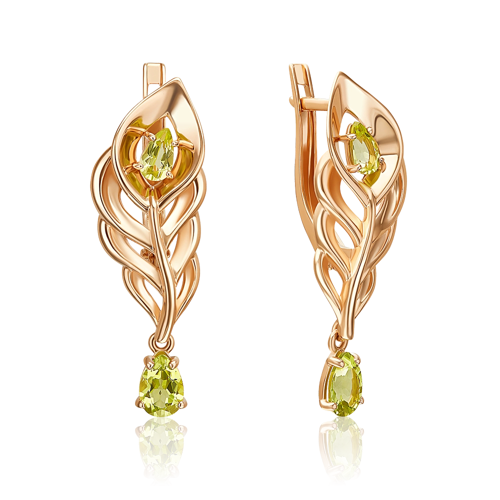 Серьги «Перо сказочной птицы» с английским замком из красного золота с хризолитами 02-5565-00-205-1110