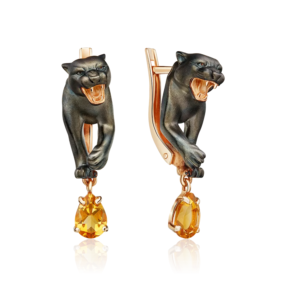 Серьги «Чёрные пантеры» с английским замком из красного золота с цитрином 02-5297-00-206-1110