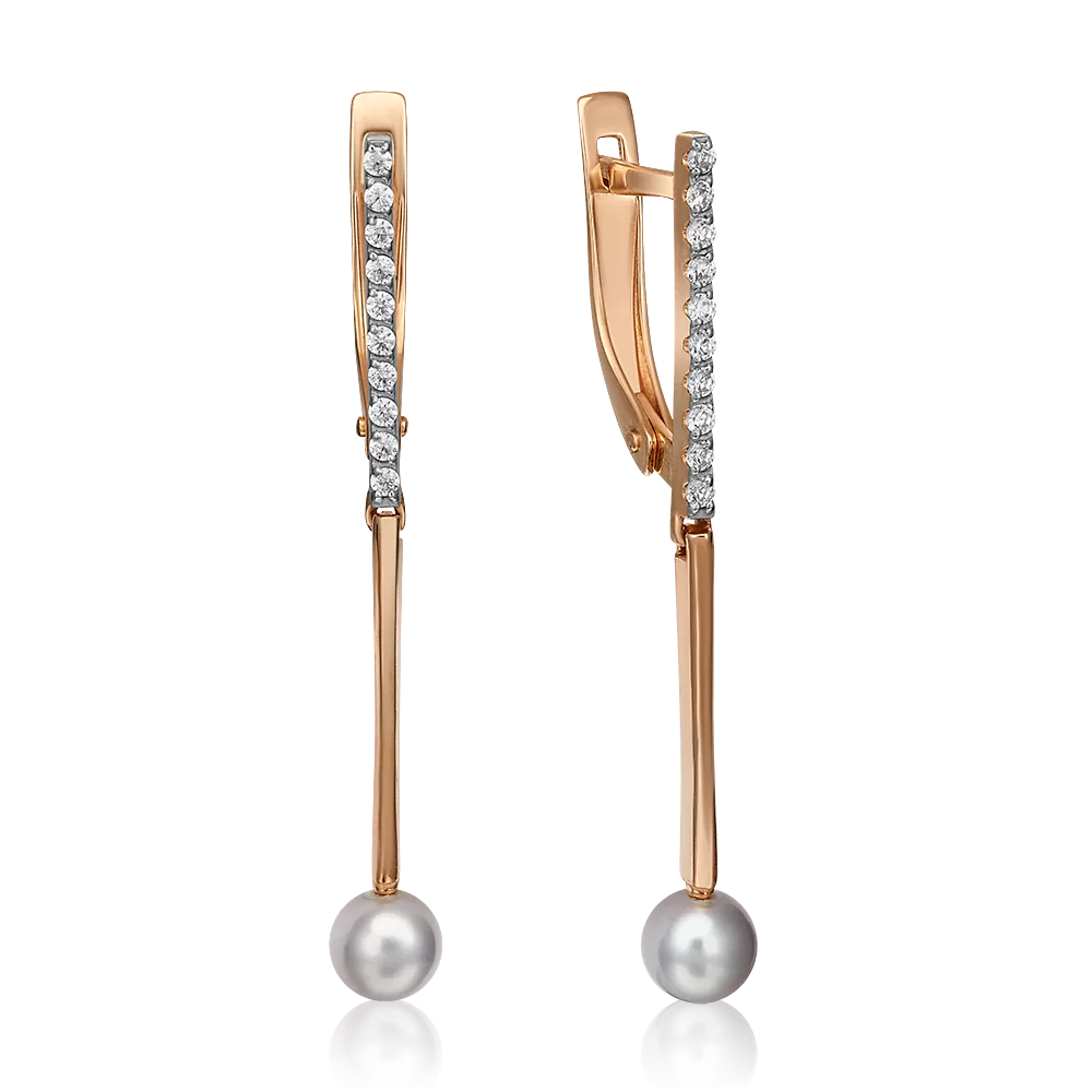 Серьги с английским замком из красного золота с жемчугом культивированным и фианитами 02-4381-00-302-1110-31
