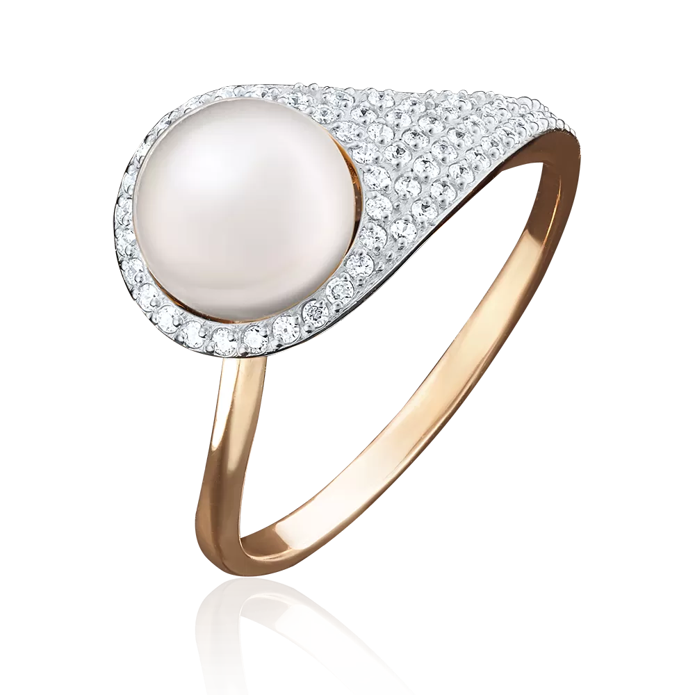 Кольцо из красного золота с жемчугом культивированным и фианитами 01-3649-00-302-1110-33