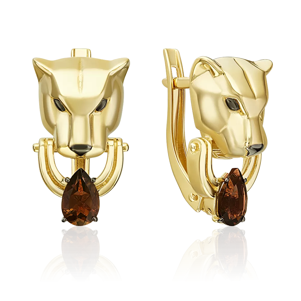 Серьги «Пантеры» с английским замком из лимонного золота с кварцем дымчатым 02-5506-00-202-1130