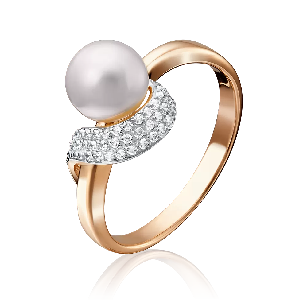 Кольцо из красного золота с жемчугом культивированным и фианитами 01-4692-00-302-1110-32