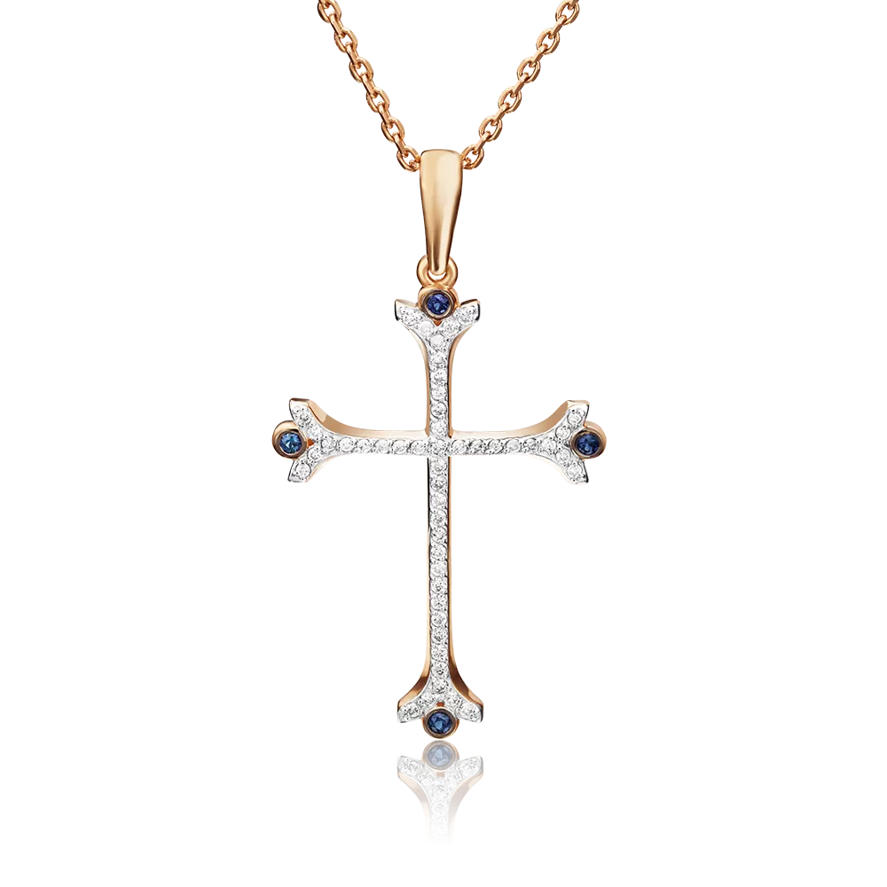 Декоративный крест из красного золота с сапфирами и бриллиантами 03-0468-00-105-1110-30