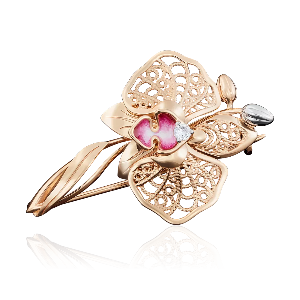 Брошь «Орхидея» из красного золота с фианитом и эмалью 04-0170-00-401-1110-48