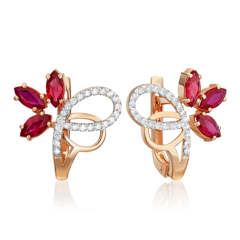 Серьги с английским замком из красного золота с рубинами и бриллиантами 02-0856-00-107-1110-30