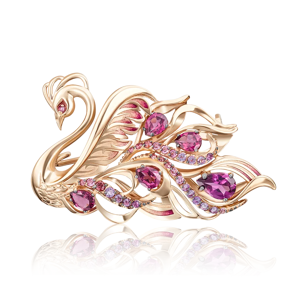Брошь «Церевна Лебедь» из красного золота с гранатами, аметистами и эмалью 04-0200-00-295-1110-57