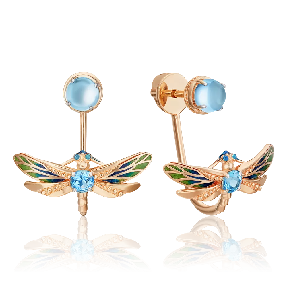 Серьги-джекеты «Стрекозы» из красного золота с топазами и эмалью 02-4693-00-201-1110-57