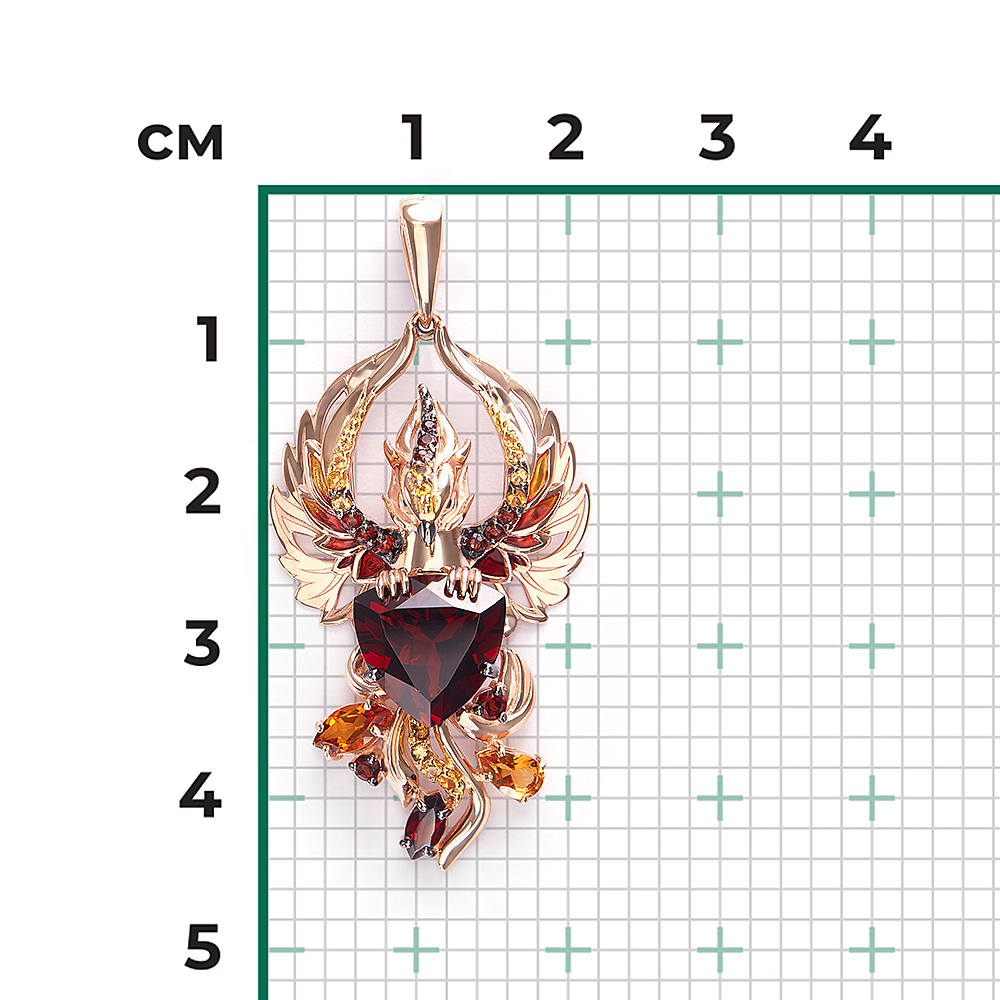 Подвеска «Феникс» из красного золота с гранатами, цитринами и эмалью