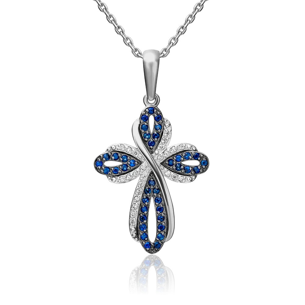 Декоративный крест из белого золота с сапфирами и бриллиантами 03-0445-00-105-1120-30