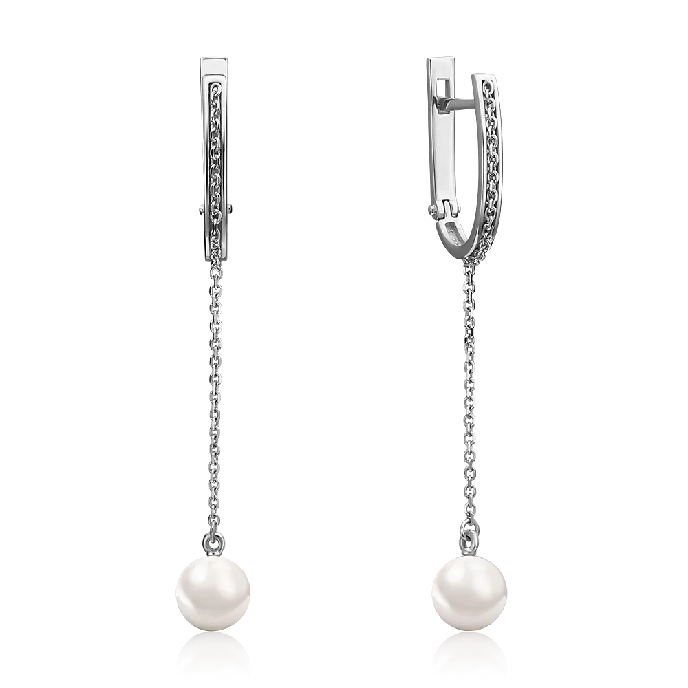 Серьги с английским замком из белого золота с жемчугом культивированным 02-4408-00-301-1120-31