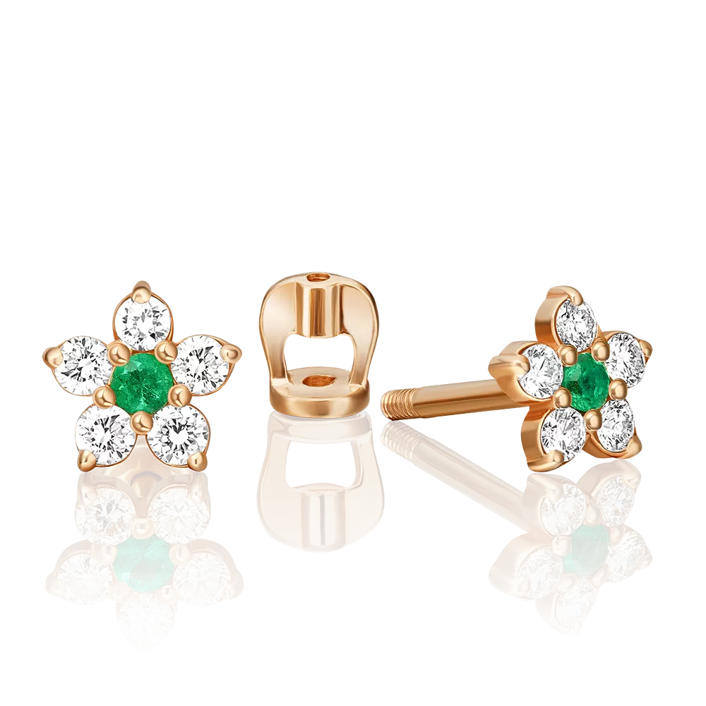Серьги-пусеты из красного золота с бриллиантами и изумрудом 02-0621-00-106-1110-30