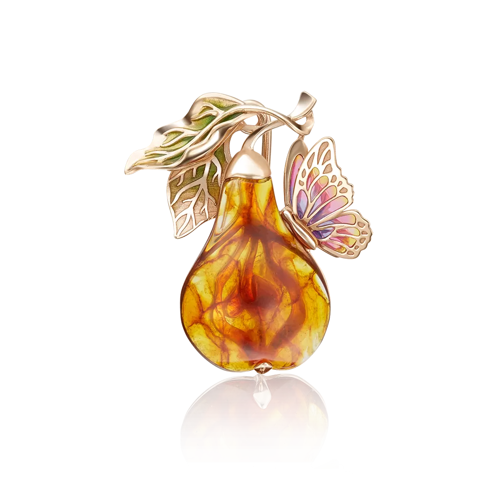 Брошь «Груша» из красного золота с янтарём и эмалью 04-0183-00-271-1110-46