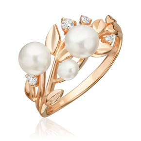 Кольцо «Снежные ягоды» из красного золота с жемчугом культивированным и фианитами 01-5966-00-302-1110