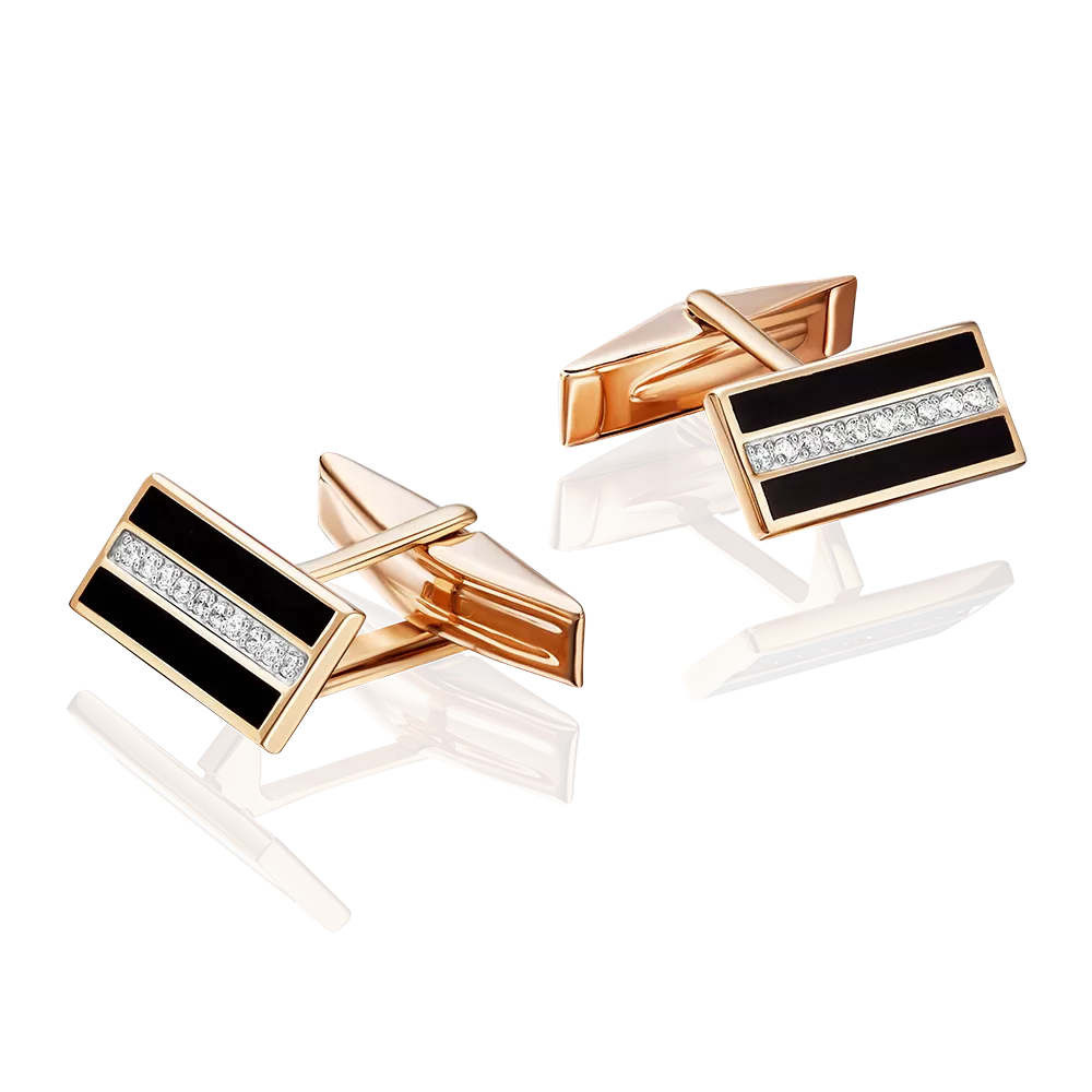 Запонки из красного золота с фианитами и эмалью 10-0044-00-401-1110-25