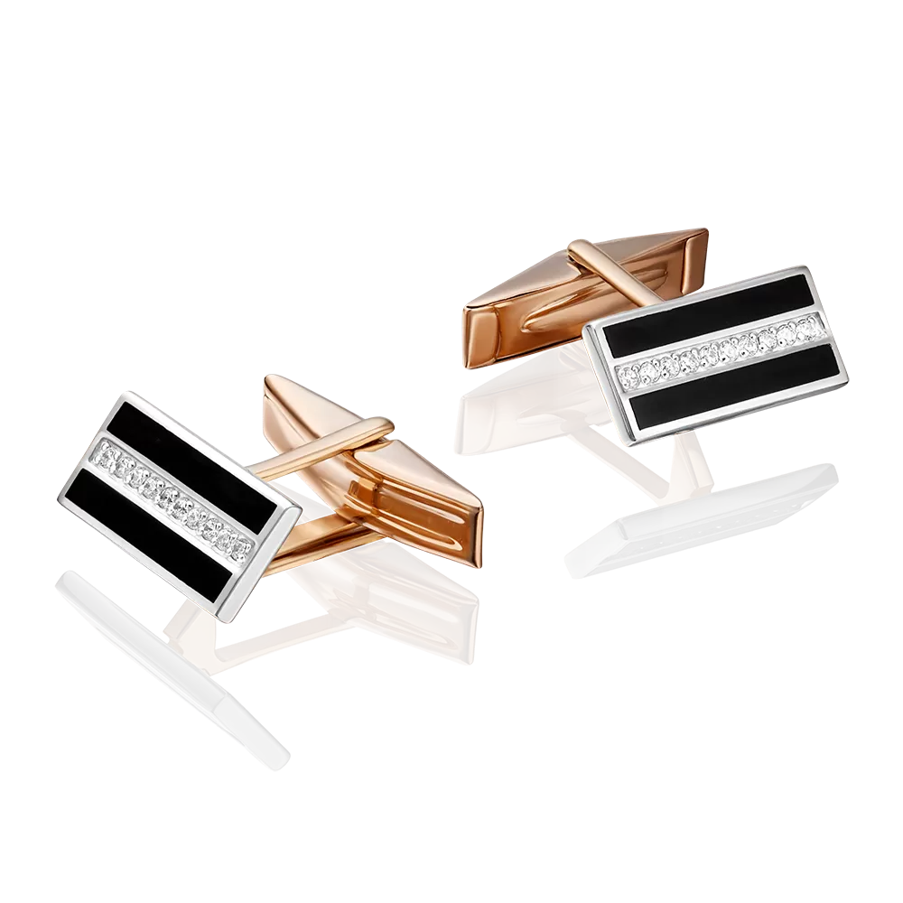 Запонки из комбинированного золота с фианитами и эмалью 10-0045-00-401-1111-25