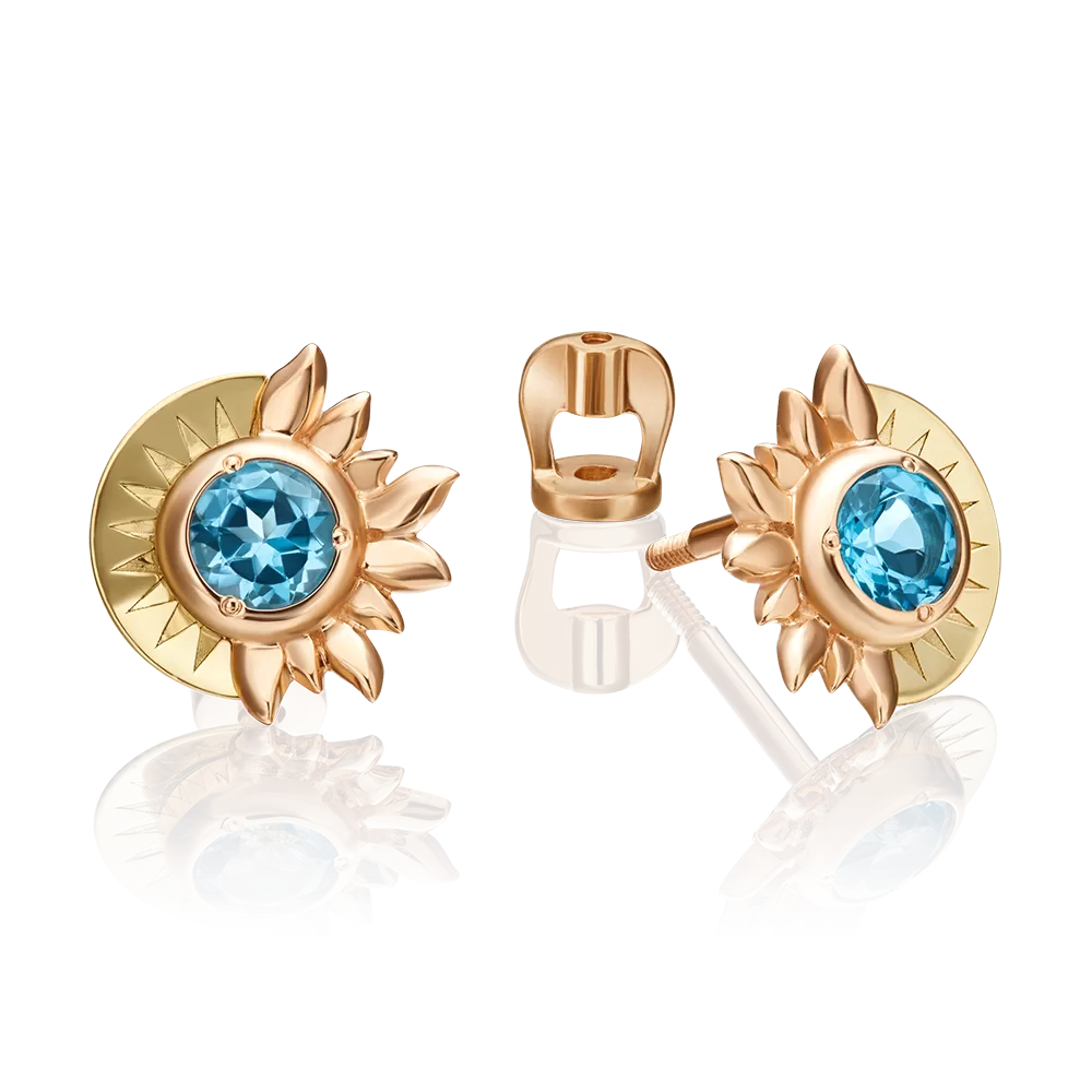 Серьги-пусеты «Два солнца» из комбинированного золота с топазом 02-4764-00-201-1113-75