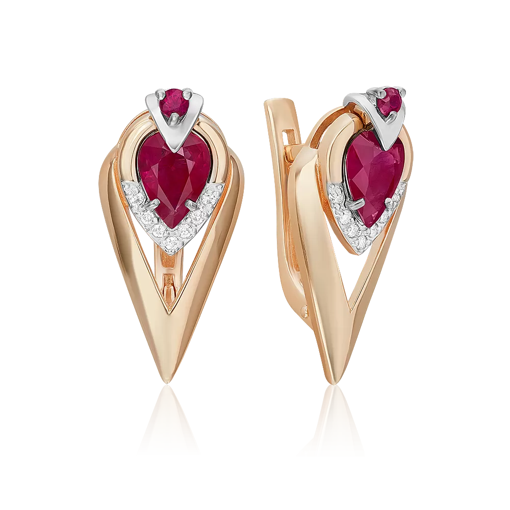 Серьги с английским замком из комбинированного золота с рубинами и бриллиантами 02-5228-00-107-1111