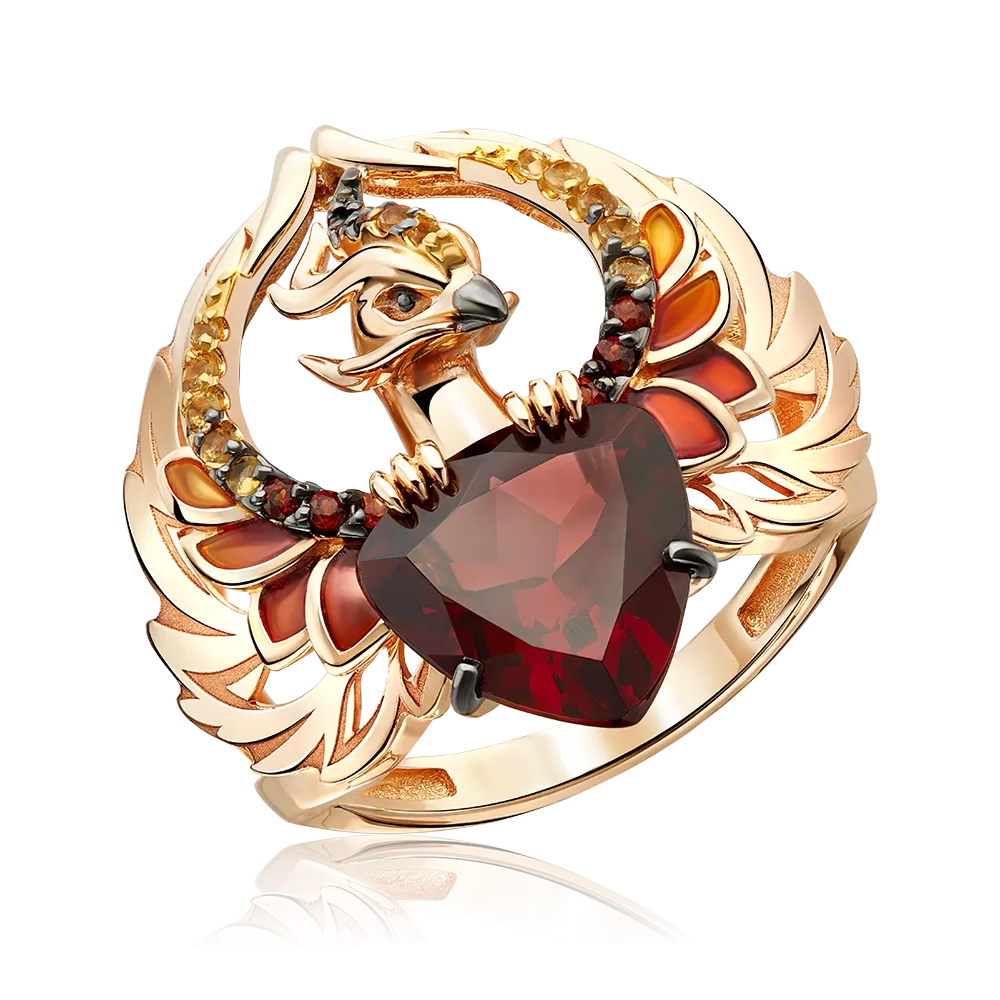 Кольцо «Феникс» из красного золота с гранатами, цитринами и эмалью 01-5775-00-722-1110