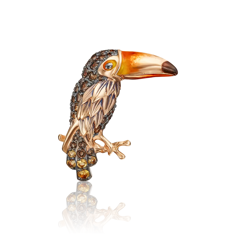 Брошь «Тукан» из красного золота с цитринами, кварцем дымчатым и эмалью 04-0232-00-226-1110-57