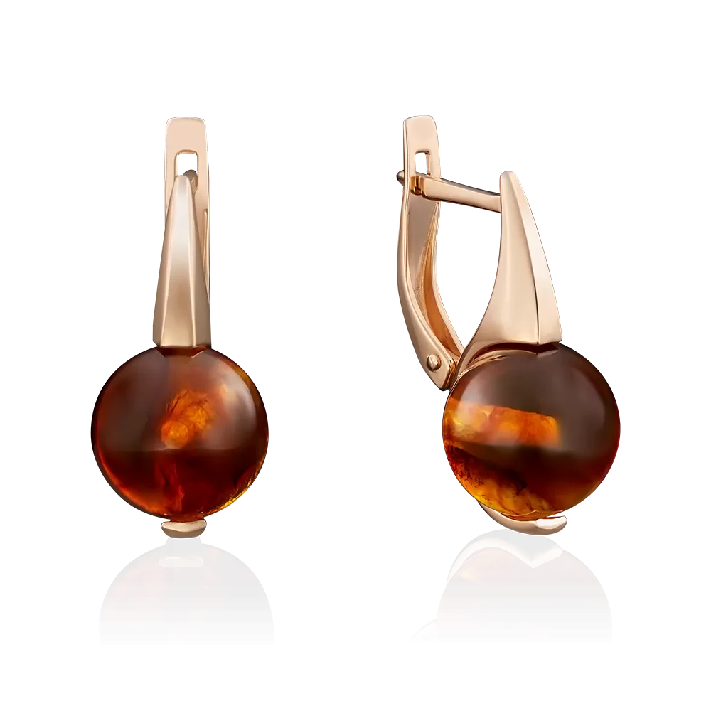 Серьги с английским замком из красного золота с янтарём 02-3855-00-271-1110-46