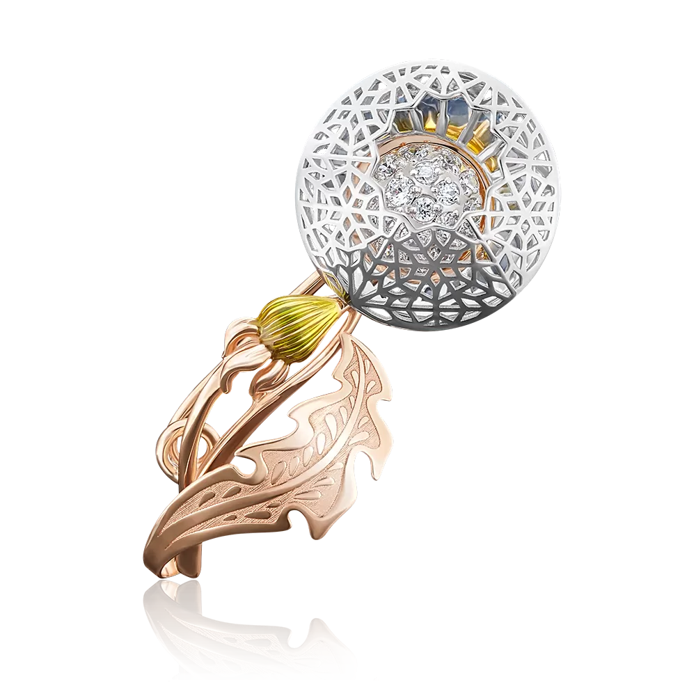 Брошь «Одуванчик» из комбинированного золота с фианитами и эмалью 04-0175-00-401-1111-48