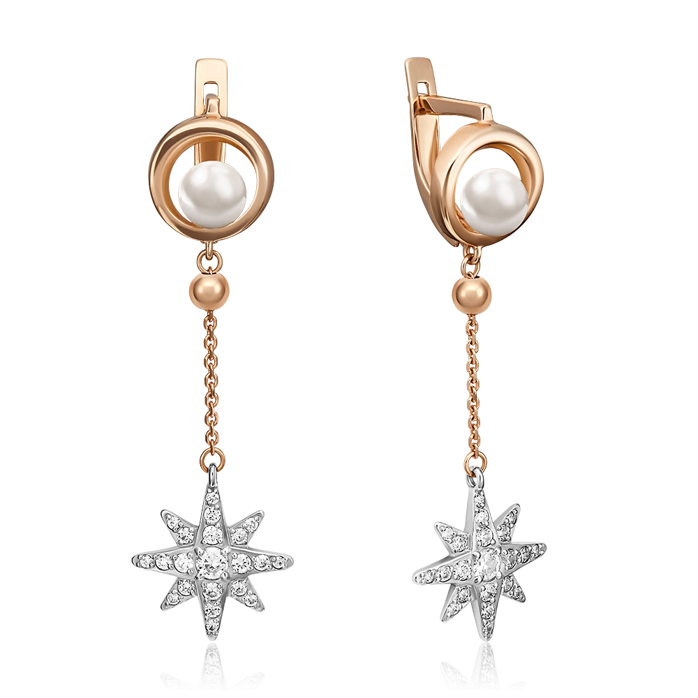 Серьги с английским замком из комбинированного золота с жемчугом культивированным и фианитами 02-4421-00-302-1111-31