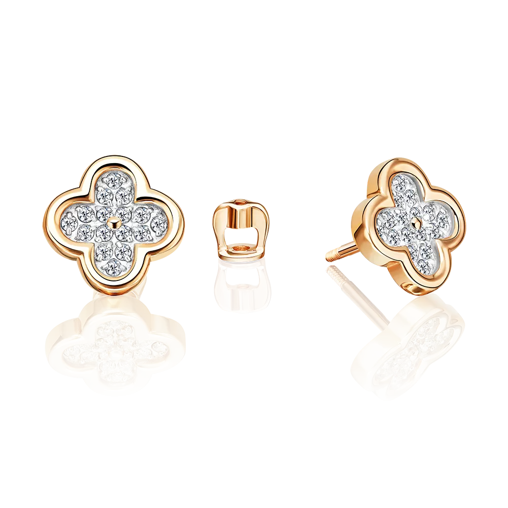 Серьги-пусеты «Клевер» из красного золота с фианитами 02-5522-00-401-1110