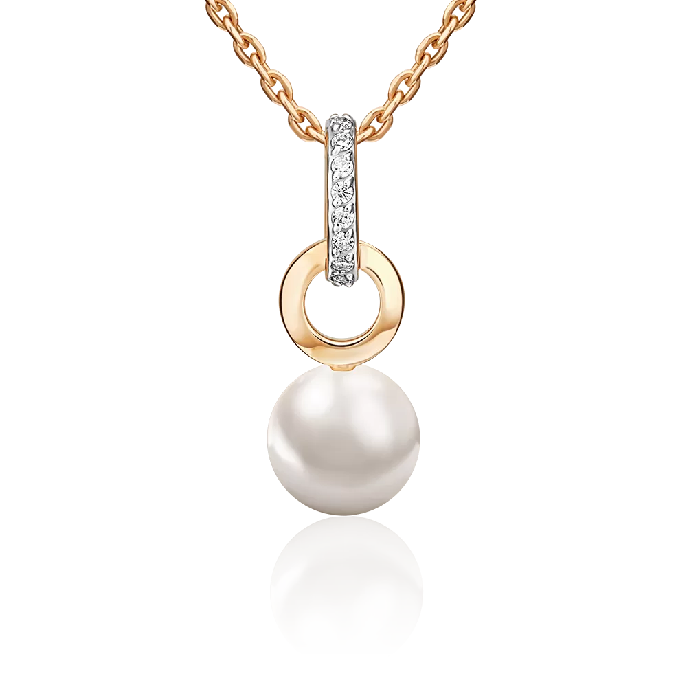 Подвеска из красного золота с жемчугом культивированным и фианитами 03-3686-00-302-1110