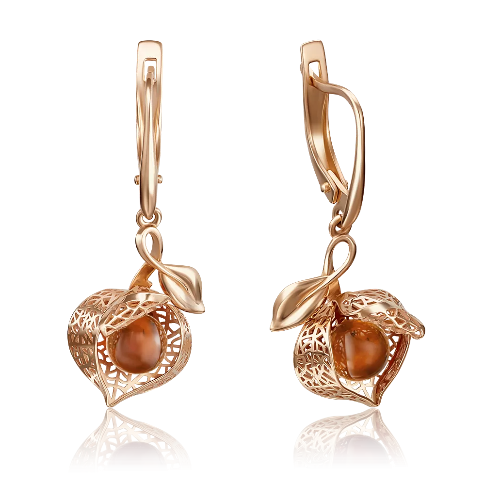 Серьги «Физалисы» с английским замком из красного золота с янтарём 02-4022-01-271-1110-58