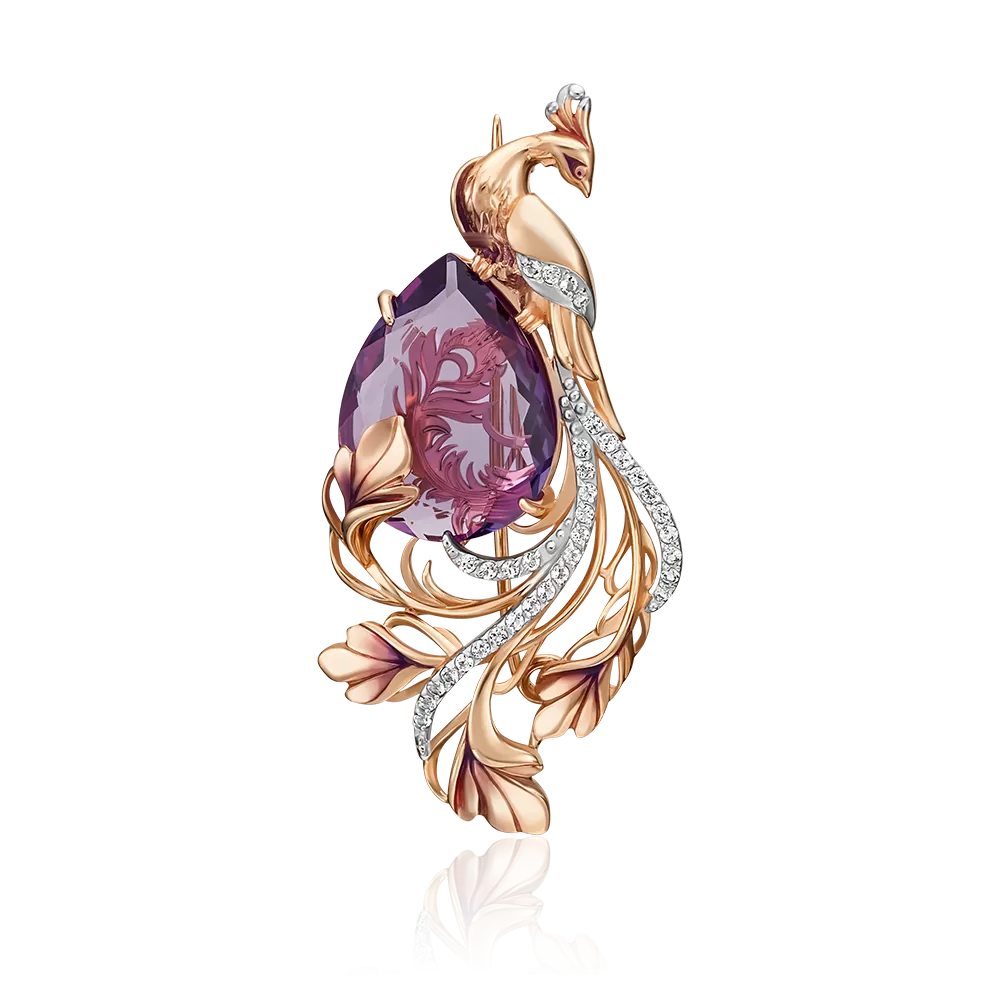 Брошь «Жар-птица» из красного золота с аметистом, натуральными топазами white и эмалью 04-0234-00-225-1110-46