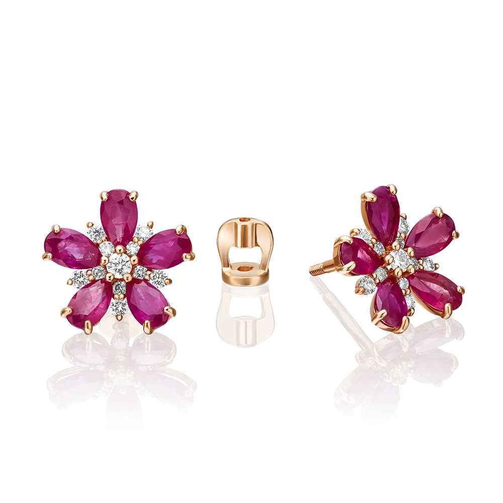 Серьги-пусеты из красного золота с рубинами и бриллиантами 02-0905-00-107-1110-30