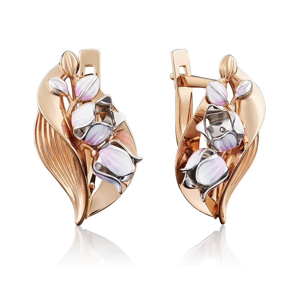 Серьги «Ландыши» с английским замком из комбинированного золота с эмалью 02-3912-00-000-1111-59