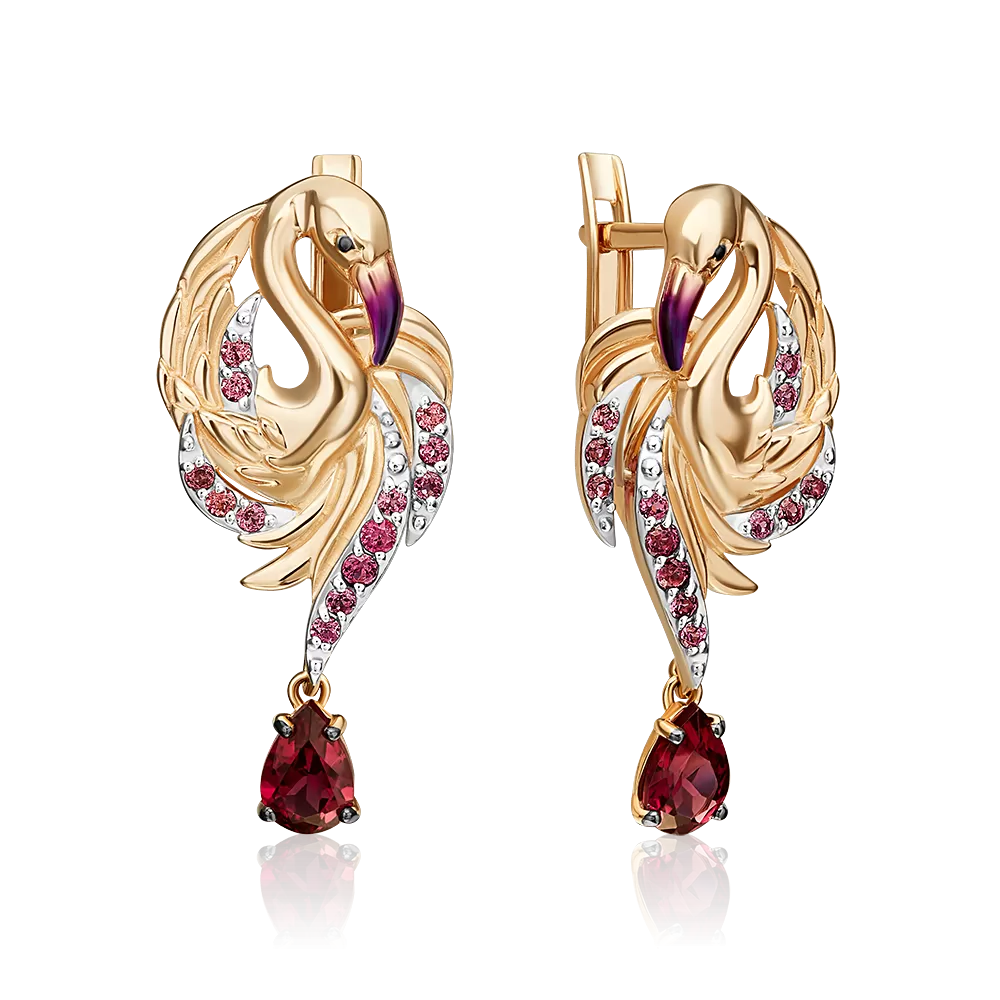 Серьги «Розовый фламинго» с английским замком из красного золота с гранатми и эмалью 02-5500-00-204-1110