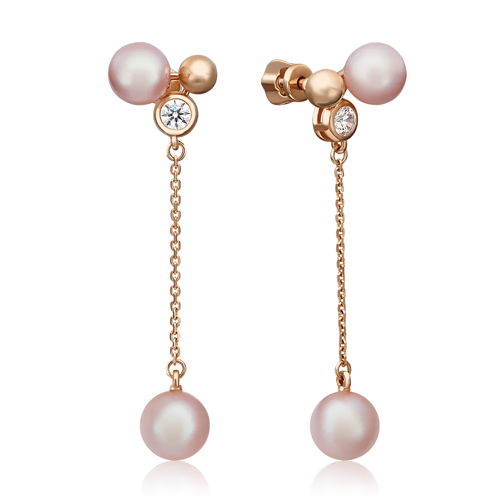 Серьги-пусеты из красного золота с жемчугом культивированным и фианитом 02-4426-00-307-1110-31